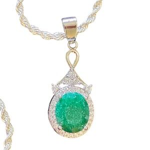 925 Sterling Silver Synthetic Green Spinel Simulated Emerald Pendant Necklace 18